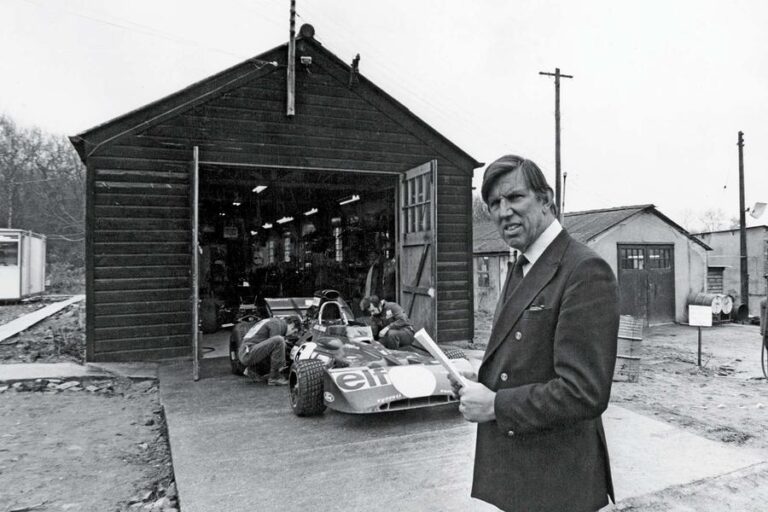ken tyrrell outside tyrrell shed 1971. photo credit to grand prix photo