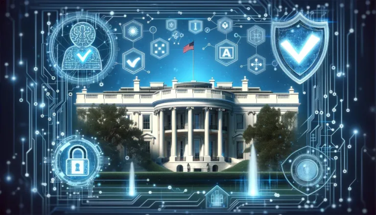 DALL·E 2024 02 08 12.46.39 An illustration of the White House in a 16 9 aspect ratio surrounded by symbols related to AI safety. Include visual elements like digital circuit pa