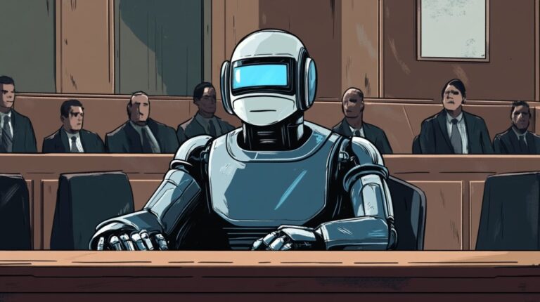 crimedy7 illustration of a robot lawyer in a courtroom comic st 0f329656 c60d 42b3 b0e9 daa3cdaa1eb6